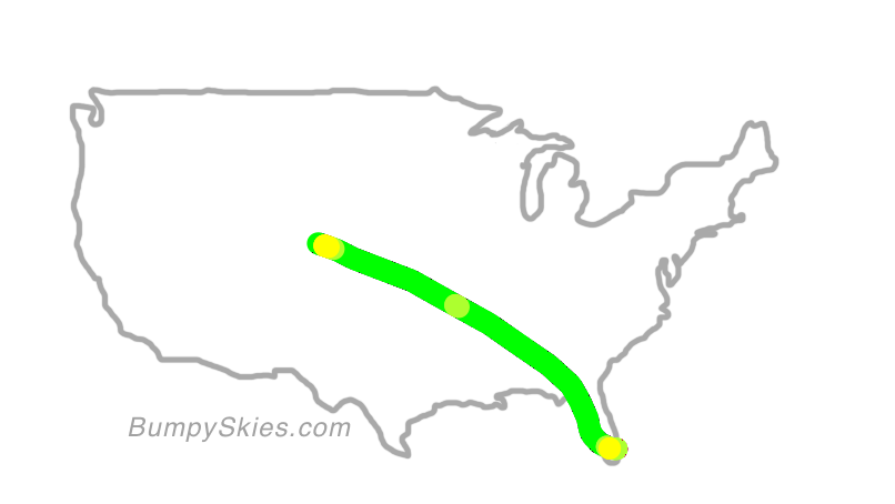 Map of continental US with illustrated flight path and turbulence forecast (described in text below)