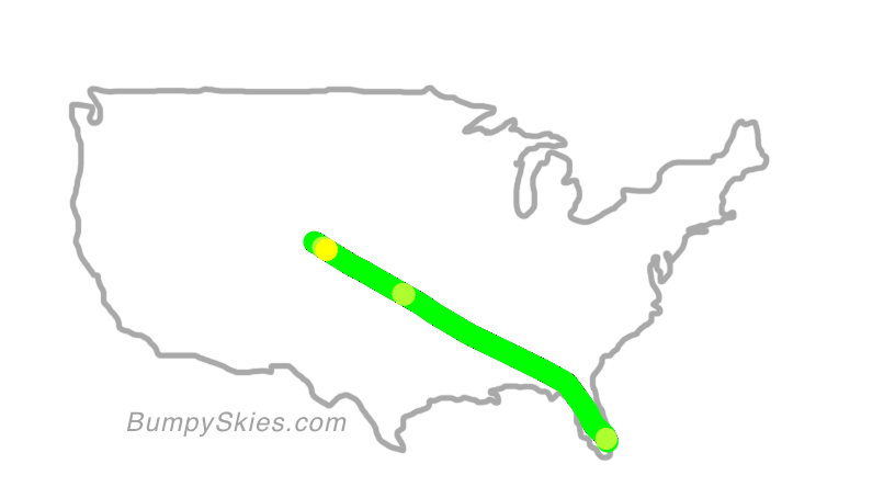 Map of continental US with illustrated flight path and turbulence forecast (described in text below)