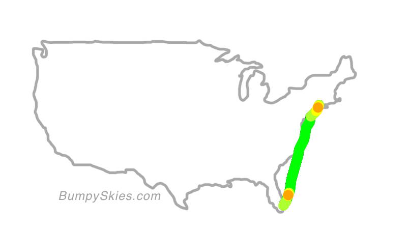 Map of continental US with illustrated flight path and turbulence forecast (described in text below)