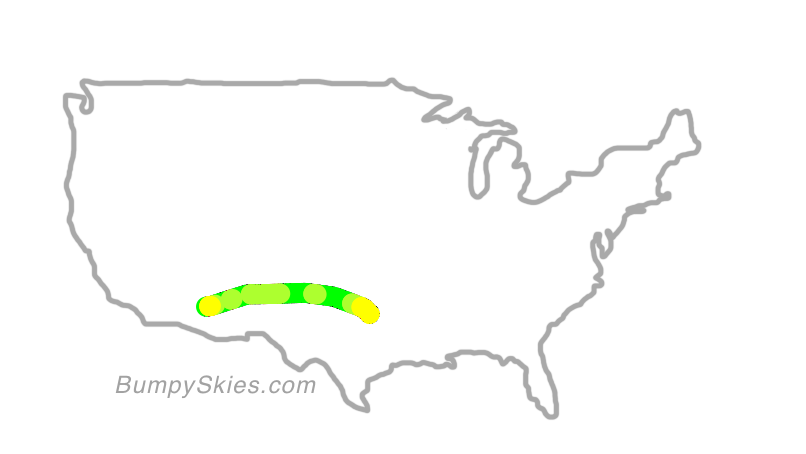 Map of continental US with illustrated flight path and turbulence forecast (described in text below)