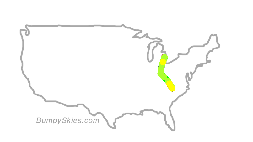 Map of continental US with illustrated flight path and turbulence forecast (described in text below)