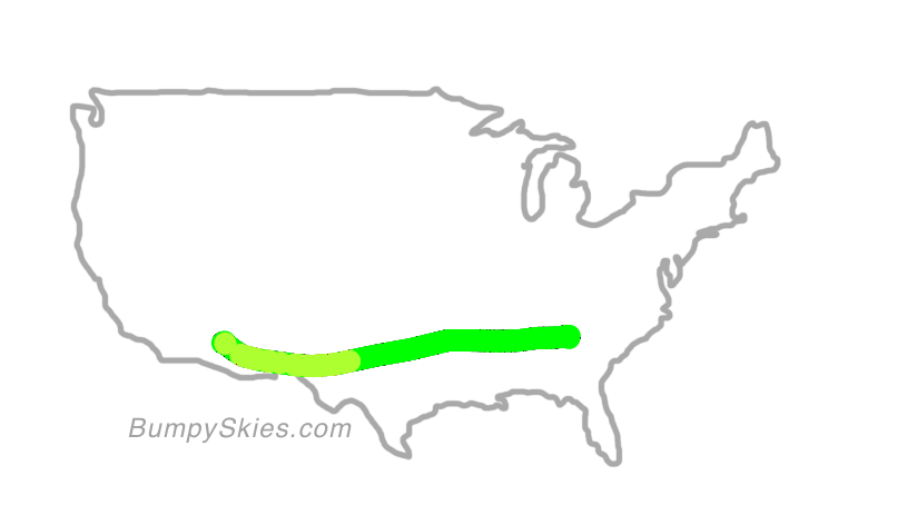 Map of continental US with illustrated flight path and turbulence forecast (described in text below)