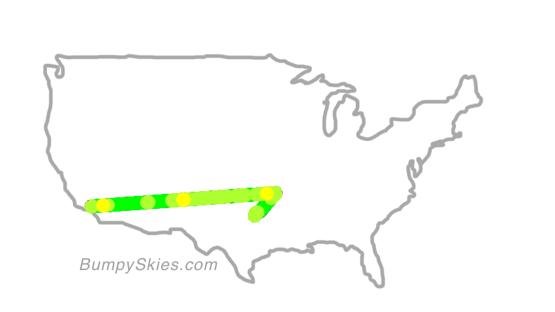 Map of continental US with illustrated flight path and turbulence forecast (described in text below)