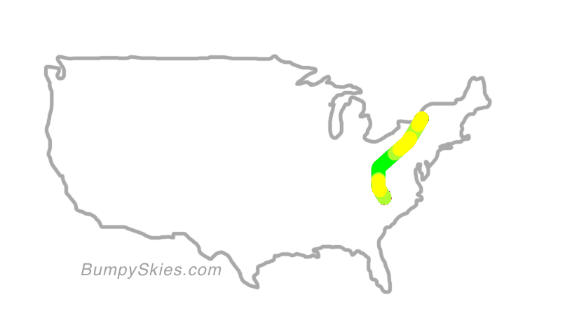 Map of continental US with illustrated flight path and turbulence forecast (described in text below)