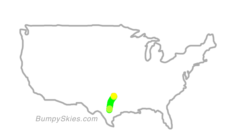 Map of continental US with illustrated flight path and turbulence forecast (described in text below)