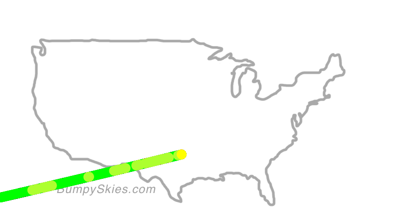 Map of continental US with illustrated flight path and turbulence forecast (described in text below)