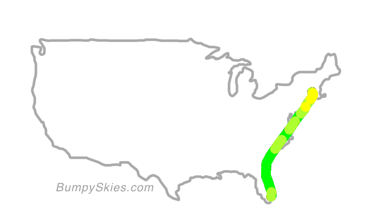 Map of continental US with illustrated flight path and turbulence forecast (described in text below)