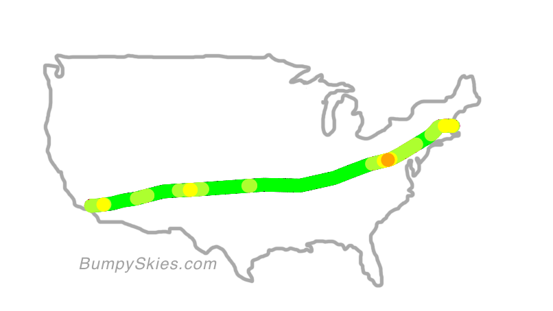 Map of continental US with illustrated flight path and turbulence forecast (described in text below)