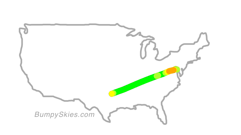 Map of continental US with illustrated flight path and turbulence forecast (described in text below)