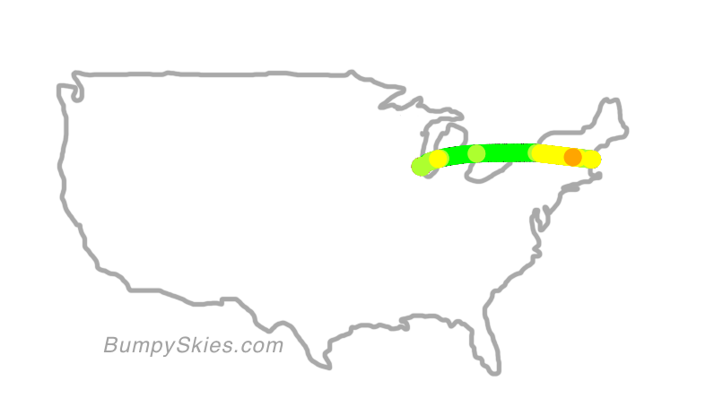 Map of continental US with illustrated flight path and turbulence forecast (described in text below)