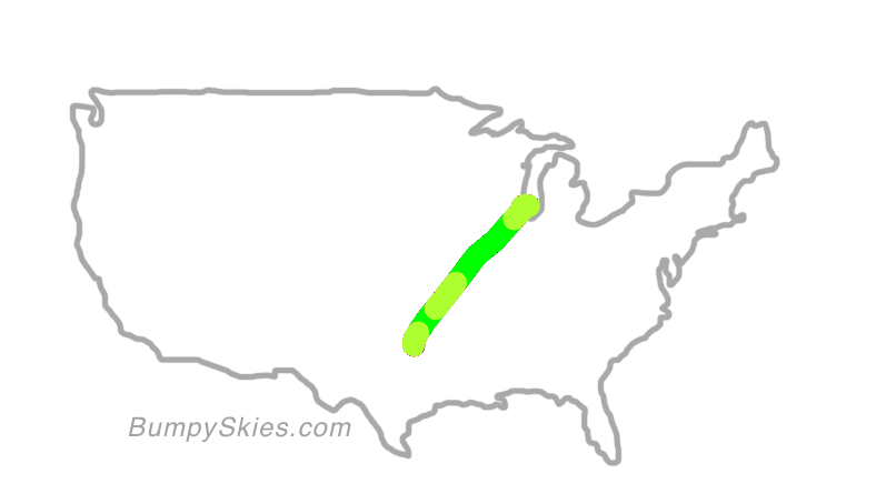 Map of continental US with illustrated flight path and turbulence forecast (described in text below)
