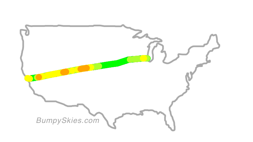 Map of continental US with illustrated flight path and turbulence forecast (described in text below)