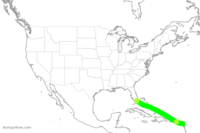 Turbulence forecast map for AAL1256, ANU to MIA