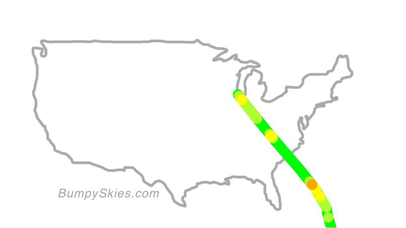 Map of continental US with illustrated flight path and turbulence forecast (described in text below)