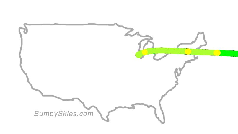 Map of continental US with illustrated flight path and turbulence forecast (described in text below)