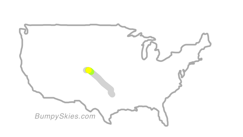 Map of continental US with illustrated flight path and turbulence forecast (described in text below)