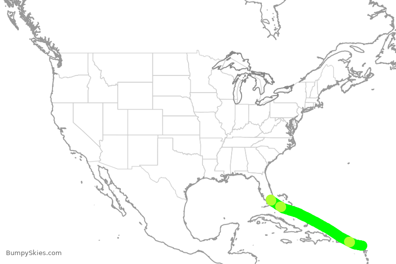 Turbulence forecast map for AAL1260, ANU to MIA
