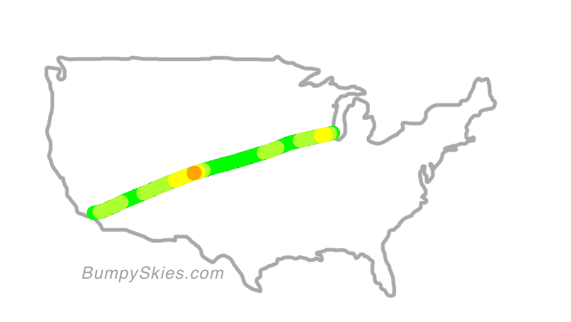Map of continental US with illustrated flight path and turbulence forecast (described in text below)