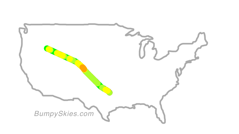 Map of continental US with illustrated flight path and turbulence forecast (described in text below)