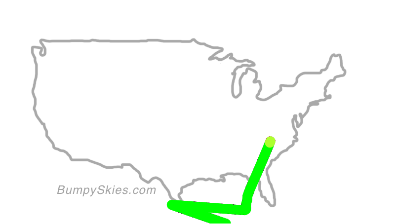 Map of continental US with illustrated flight path and turbulence forecast (described in text below)