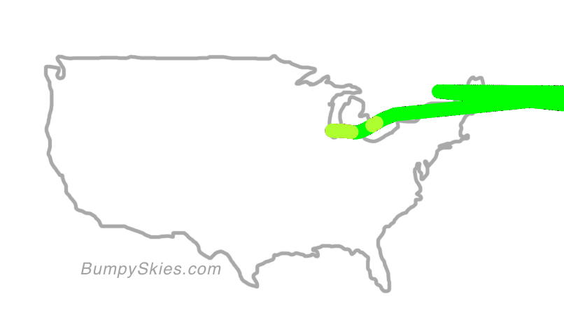 Map of continental US with illustrated flight path and turbulence forecast (described in text below)