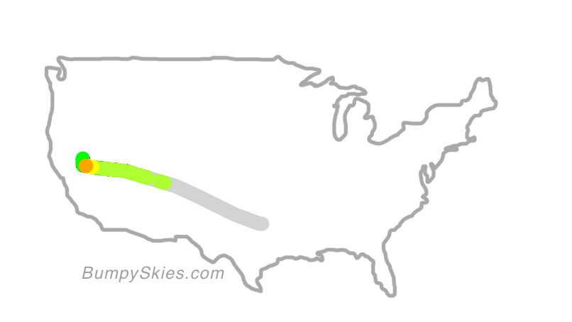 Map of continental US with illustrated flight path and turbulence forecast (described in text below)