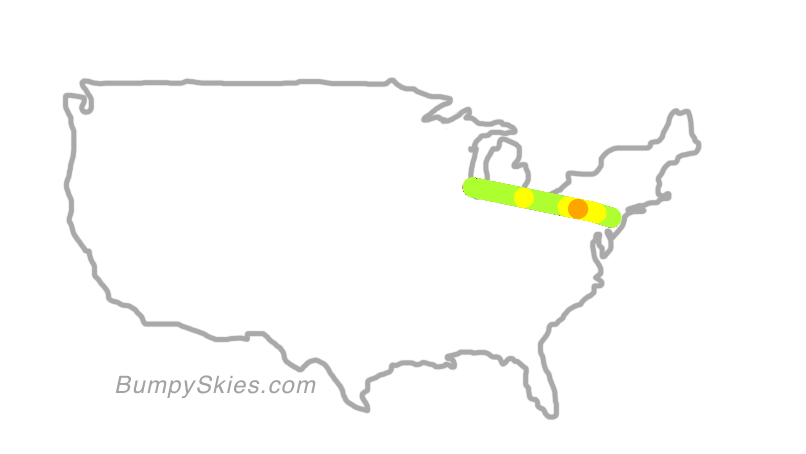 Map of continental US with illustrated flight path and turbulence forecast (described in text below)