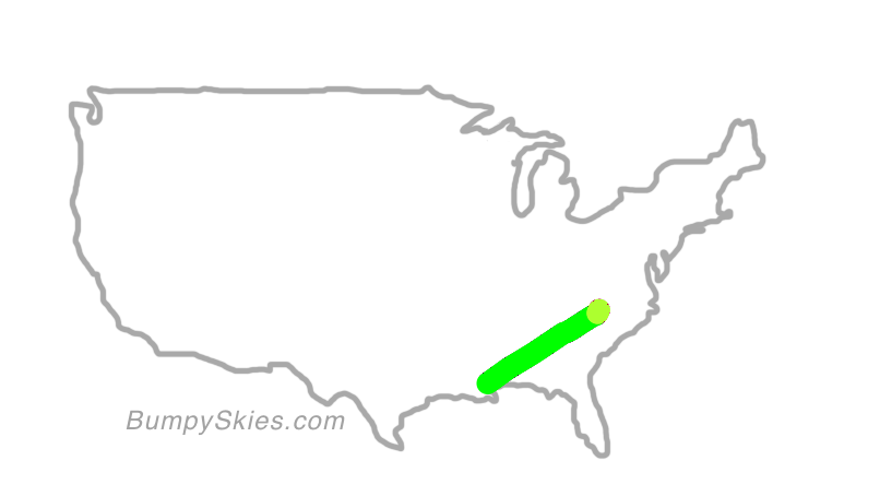Map of continental US with illustrated flight path and turbulence forecast (described in text below)