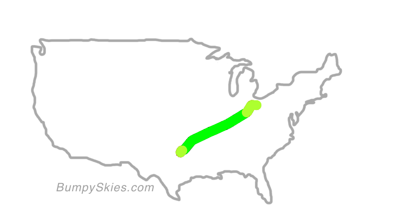 Map of continental US with illustrated flight path and turbulence forecast (described in text below)