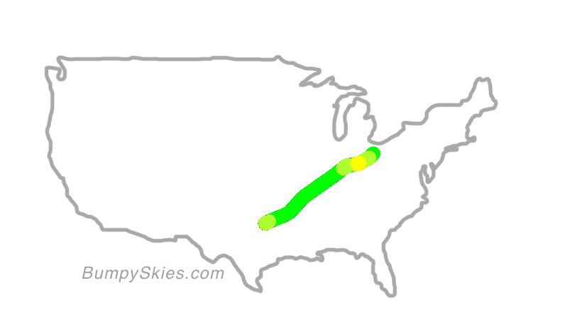 Map of continental US with illustrated flight path and turbulence forecast (described in text below)