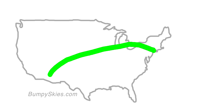 Map of continental US with illustrated flight path and turbulence forecast (described in text below)