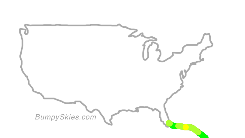Map of continental US with illustrated flight path and turbulence forecast (described in text below)