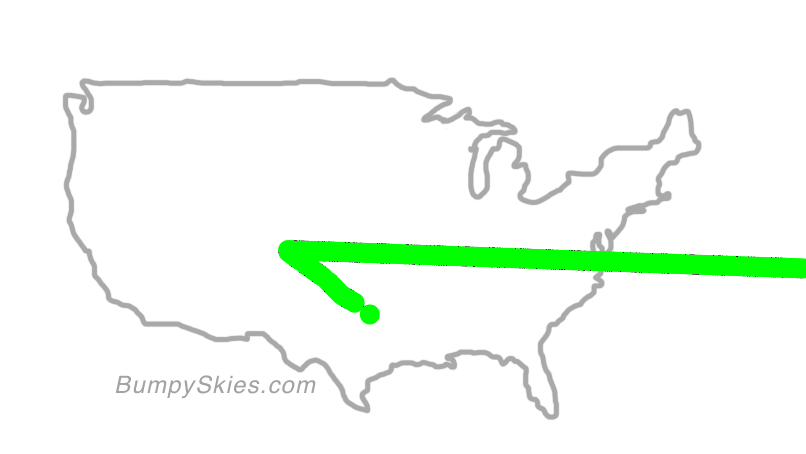 Map of continental US with illustrated flight path and turbulence forecast (described in text below)