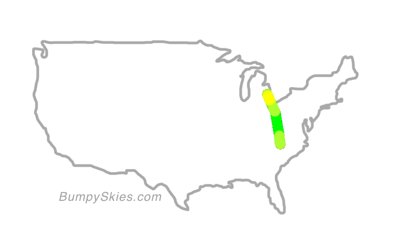 Map of continental US with illustrated flight path and turbulence forecast (described in text below)