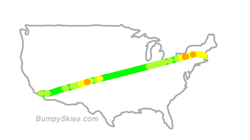 Map of continental US with illustrated flight path and turbulence forecast (described in text below)