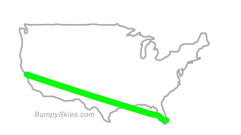 Map of continental US with illustrated flight path and turbulence forecast (described in text below)