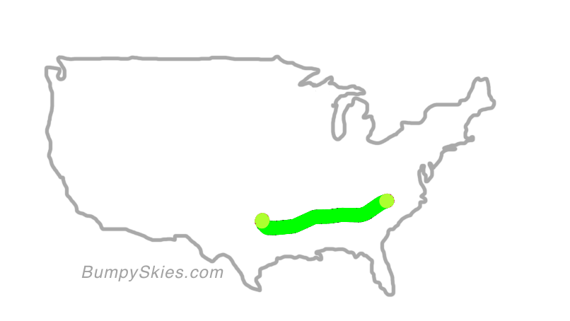 Map of continental US with illustrated flight path and turbulence forecast (described in text below)