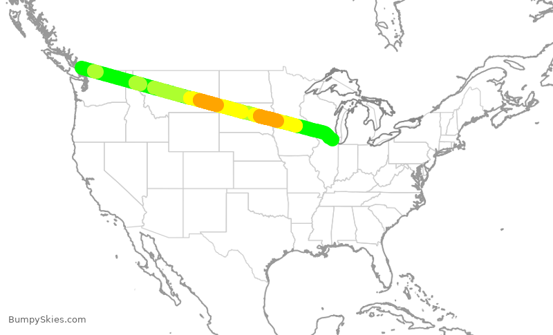 Turbulence forecast map for AAL1305, YVR to ORD