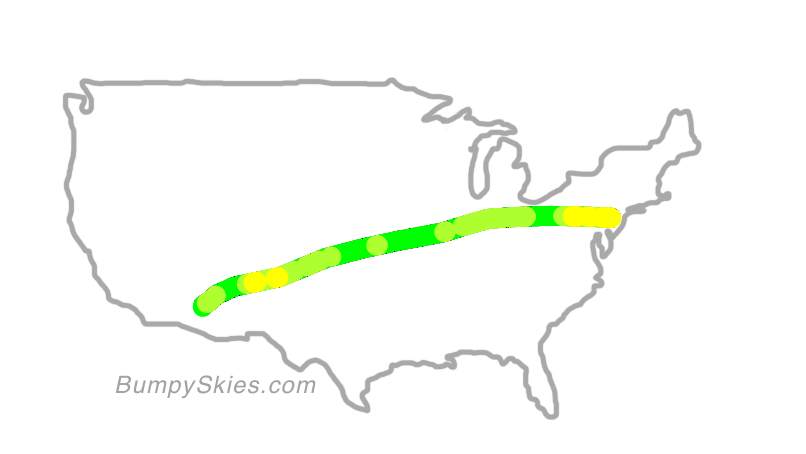 Map of continental US with illustrated flight path and turbulence forecast (described in text below)