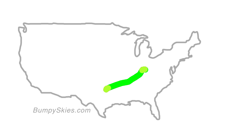 Map of continental US with illustrated flight path and turbulence forecast (described in text below)