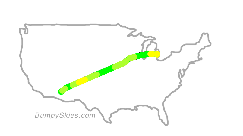 Map of continental US with illustrated flight path and turbulence forecast (described in text below)
