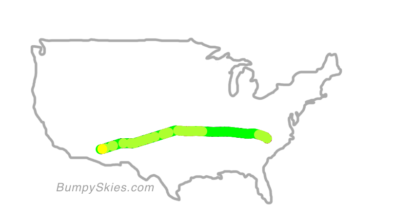 Map of continental US with illustrated flight path and turbulence forecast (described in text below)