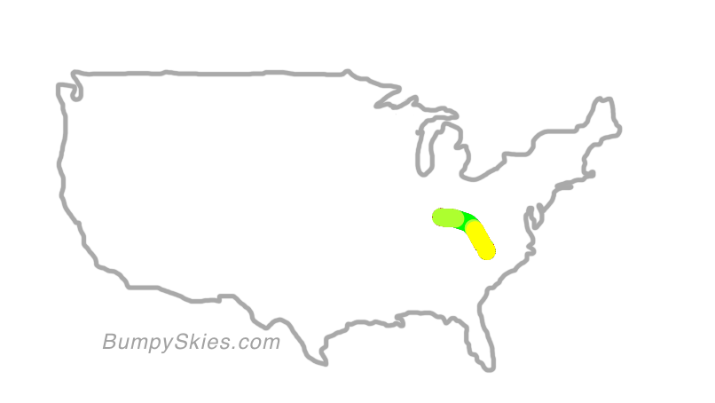 Map of continental US with illustrated flight path and turbulence forecast (described in text below)