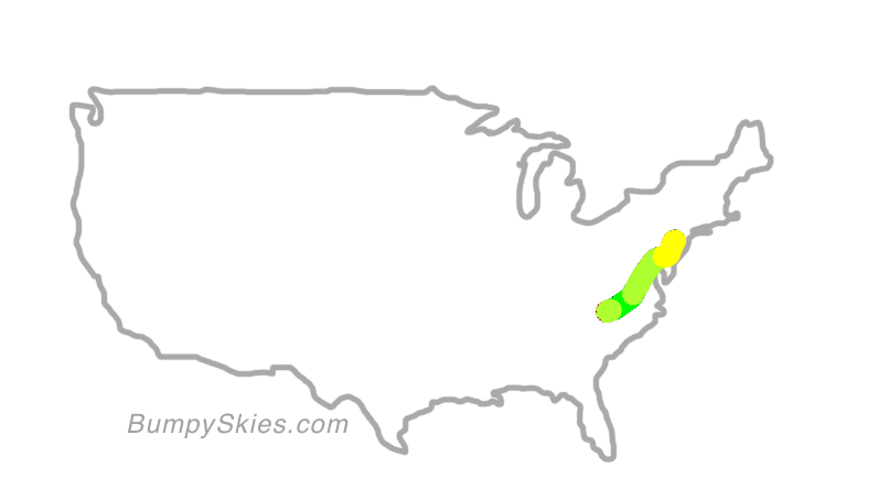 Map of continental US with illustrated flight path and turbulence forecast (described in text below)