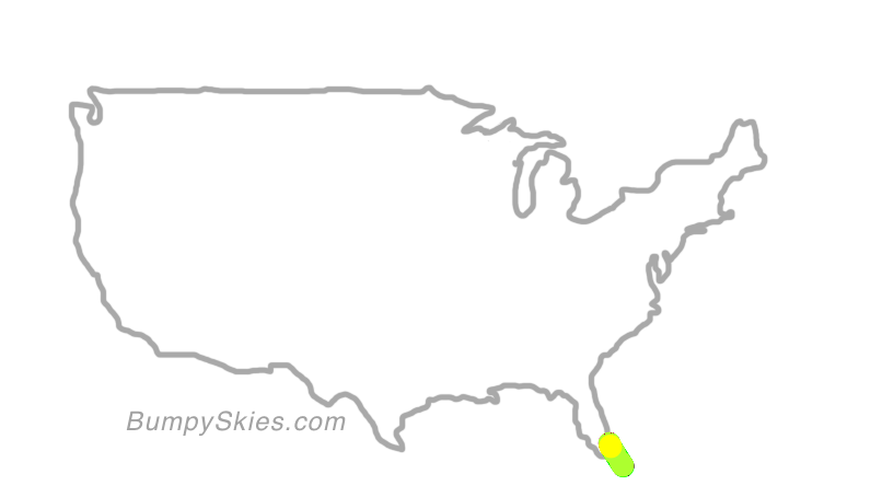 Map of continental US with illustrated flight path and turbulence forecast (described in text below)