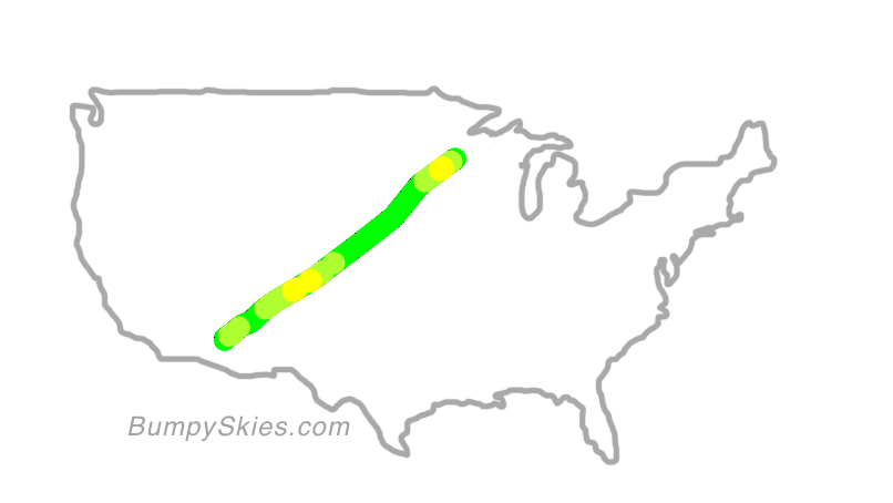 Map of continental US with illustrated flight path and turbulence forecast (described in text below)