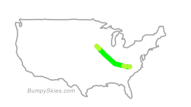 Map of continental US with illustrated flight path and turbulence forecast (described in text below)
