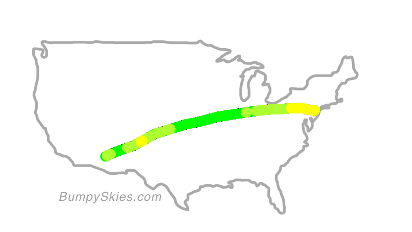 Map of continental US with illustrated flight path and turbulence forecast (described in text below)