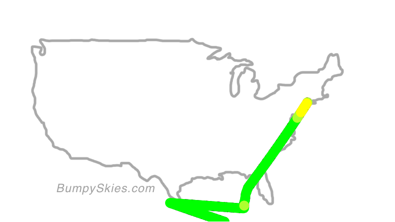 Map of continental US with illustrated flight path and turbulence forecast (described in text below)