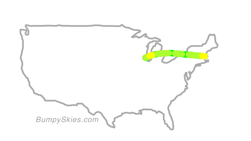 Map of continental US with illustrated flight path and turbulence forecast (described in text below)